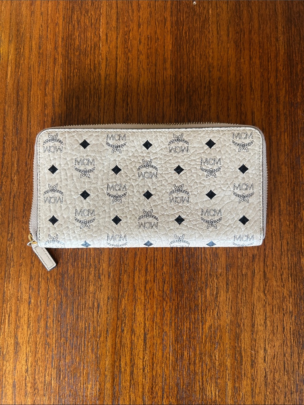 MCM Cream Zip-Around Wallet with Black Logo Pattern